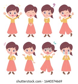A set of young women with who express various emotions.It's vector art so it's easy to edit.