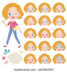 A set of young women with who express various emotions.It's vector art so it's easy to edit.