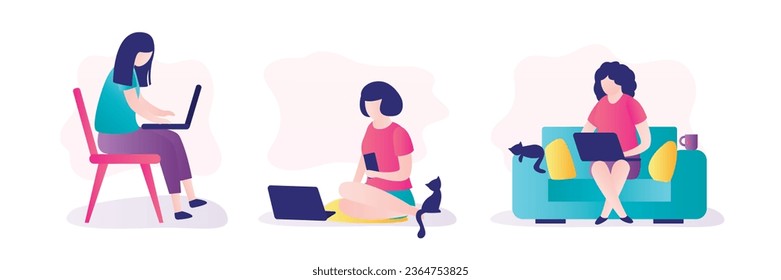 Set of young women at work. Girls using laptops, working online. Smart employee or freelancer browses internet, conversations, blogs. Freelance, online education concept. Remotely job. flat vector