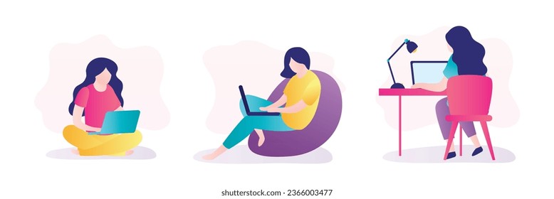 Grupo de mujeres jóvenes en el trabajo. Niñas en diferentes poses. Empleados usando laptops, trabajando en línea. Un empleado inteligente o independiente navega por Internet. Freelance, concepto de educación en línea. Trabajo a distancia. vector plano