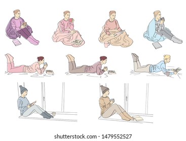 Set of young women wrapped in blanket read book or drink coffee. Lagom and hugge concept. Cozy scandinavian lifestyle scene. Girls in warm socks, sweaters and knitted hats with mug or cup. Vector.