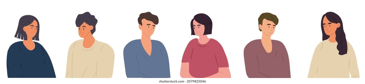 Set of younger people. Collection of people of different professions. Clothing styles, people, crowd, group. Couples of men and girls. Cartoon flat vector illustrations isolated on white background