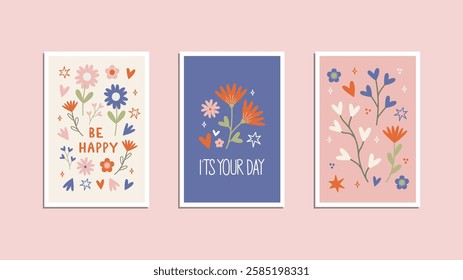 Set of your day greeting cards with floral elements heart shapes and minimalistic design in soft pastel colors.
