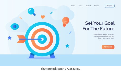 Set your goal for the future arrow on target icon campaign for web website home page landing template with cartoon style.