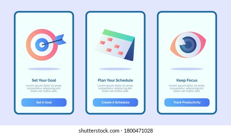 Set your goal plan your schedule keep focus for mobile apps template banner page UI with three variations modern flat style.