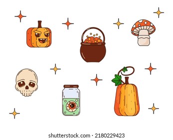 A set for your Halloween design. Pumpkin, skull, ghost, potion, fly agaric. Symbols of a happy Halloween holiday. Vector illustration