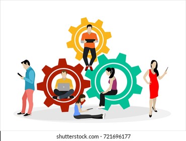 Set up your life concept illustration of young people working and learning to achieve success. Flat design of students using laptops sitting near big gears symbol.