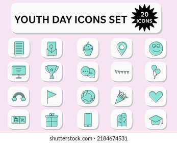 Set Of Youth Day Celebration Turquoise Icons On Square Pink Background.