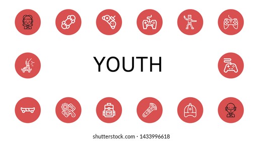 Set of youth icons such as Hippie, Skateboard, Controller, Game controller, Funky, Skate board, Backpack, Baseball cap , youth