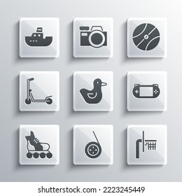 Set Yoyo toy, Basketball backboard, Portable video game console, Rubber duck, Roller skate, Scooter, Toy boat and  icon. Vector