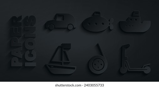 Set Yoyo toy, Toy boat, Scooter, Submarine and car icon. Vector