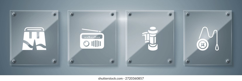 Set Yoyo toy, Camera roll cartridge, Radio with antenna and Short or pants. Square glass panels. Vector