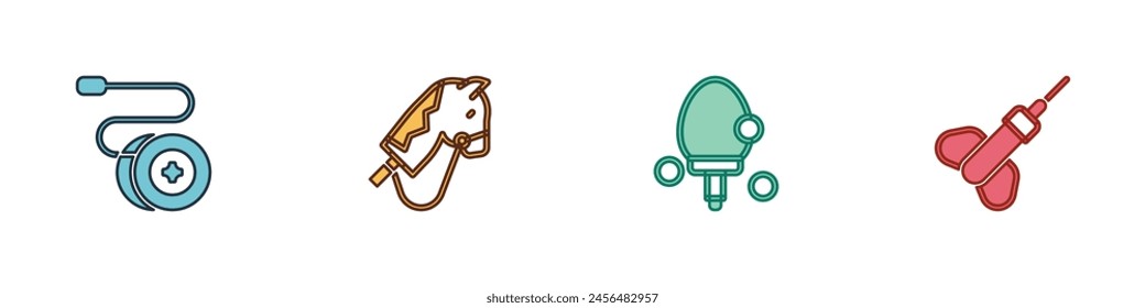 Set Yoyo toy, Toy horse, Racket and Dart arrow icon. Vector