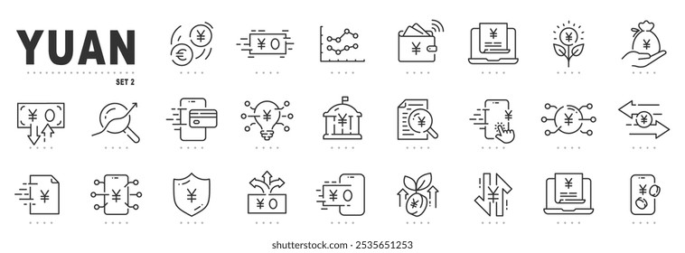 Set of yuan related line icons. Currency, coin, payment, money etc. Editable stroke. Set 2