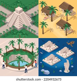 Set with yucatan travel isometric 2x2 compositions with views of famous landmarks for sightseeing with tourists vector illustration