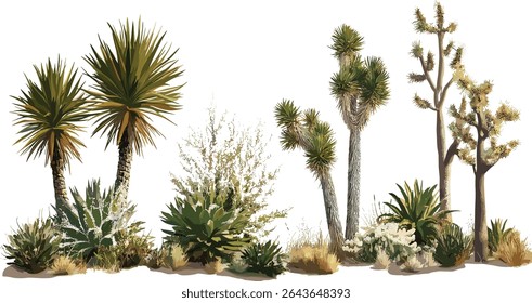 Set of Yucca brevifolia and Phoenix dactylifera trees in sunny daylight, isolated cutout, vector illustration, desert plants, tropical flora, exotic garden, nature decor.