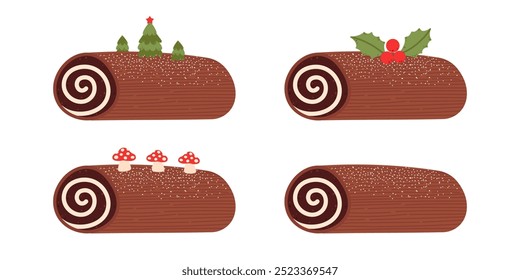 Set of  yule log traditional Christmas cake with decoration. Buche de noel dessert. Chocolate roll with cream. Flat vector illustration