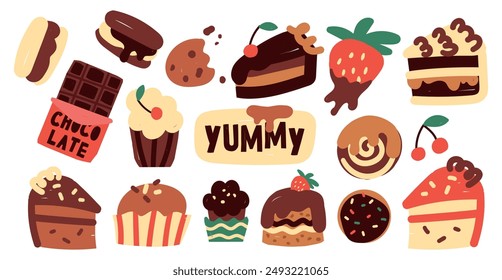 set of yummy colorful clip arts with chocolate candies, cakes, pastries, chocolate-covered strawberries etc.  Naive vector illustration. confectionery snack. World chocolate day. Desserts, sweet food