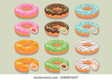 Set von leckeren Donuts mit bunter Glasur. Ganze Donuts und gebissene. Elemente für die Gestaltung von Café, Speisekarte, Promo-Banner. Vektorillustration.