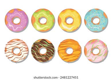 Set von leckeren Donuts mit bunter Glasur. Elemente für die Gestaltung von Café, Speisekarte, Promo-Banner. Vektorillustration.