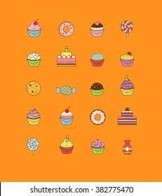 A set of yummy flat outlined icon vector illustrations of various kinds of sweets and desserts. It includes donuts, cupcakes, candies, birthday cakes.