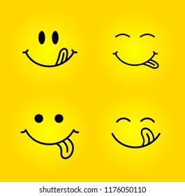 Set of yummy smile. Delicious, tasty eating face eat with mouth and tongue gourmet enjoying taste. Funny hungry yummy tasting food mood logo line. Vector illustration. Isolated on yellow background.