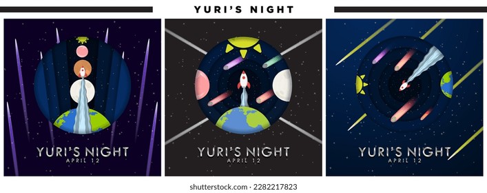 Set of Yuri's Night Greeting Card Poster. Yuri's Night Paper cutout poster style of space shuttle launched in outer space. Vector Illustration. EPS 10.