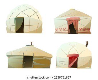 Set of Yurt in tundra. Dwelling of northern nomadic peoples in Arctic. From felt and skins. Isolated on white background. Illustration vector