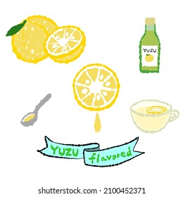Set of yuzu illustration. Yuzu: japanese citrus fruit used in many ways of cookiing. Famous chefs use this fruit for their recipes recently.