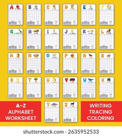 set of A to Z Alphabet learning and writing practice tracing worksheet template bundle, ABC writing, tracing, coloring practice a4 print ready worksheet vector template pack for kids