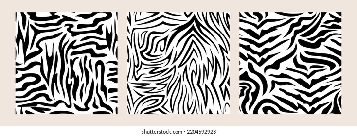 Conjunto de patrones abstractos de cebra sin fisuras. Fondos vectoriales de piel animal. Textura en blanco y negro