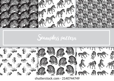 Set of zebra background pattern seamless. South african zebra. Hand drawn seamless pattern illustration with safari animals.