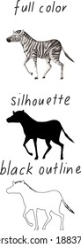 Set of zebra in color, silhouette and black outline on white background illustration