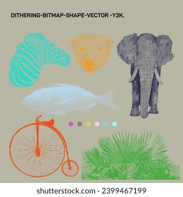 Set of Zebra, polar bear, elephant, fish, bicycle, bushes. Digital art, web graphics, vintage-inspired branding. Dithering Bitmap Shape. Print for fashion and design. Vector illustration. Y2K.