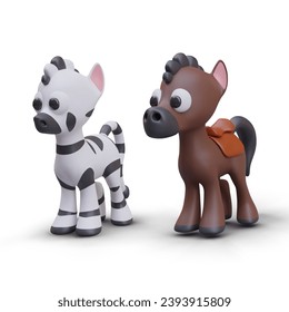 Set of zebra and pony on white background. Side view on animals. Cartoon toys for children. Cheerful African safari animals. Vector illustration in 3D style