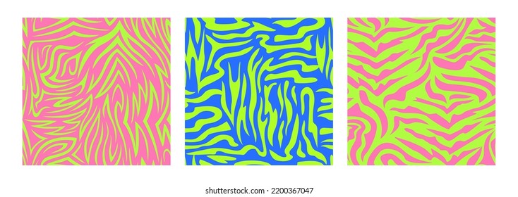 Set of  zebra seamless patterns. Animal skin vector backgrounds. Psychedelic abstract texture