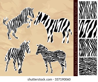 Set of zebra silhouettes with four seamless animal texture, isolated on vintage paper background