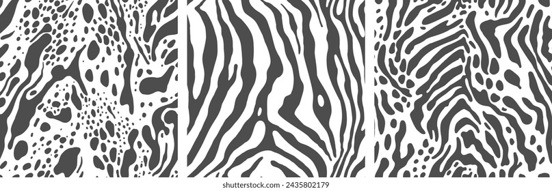 Set of zebra skin pattern, seamless textures for design and print, monochrome vector illustrations.