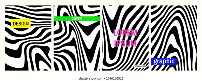 Set of zebra templates for cover, background, brochure, advertising, banner, web etc. 10 eps design. Collection of black and white stripes op art styled.
