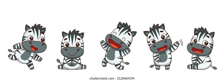 Set of zebras in different poses. Runs, sits, dances, waves, smiles, laughs. Vector illustration for designs, prints and patterns. Isolated on white background