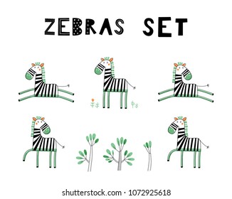 Set of zebras. Hand drawn graphic elements for poster, card, label, flyer, page, banner, baby wear, nursery.  Scandinavian style. Black, orange and green. Vector illustration