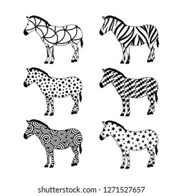 Set of zebras. Variety pattern design.  Wild animal texture. Vector illustration isolated on white background. 