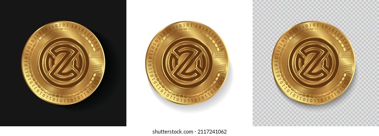 Set of Zelwin ZLW cryptocurrency logo in golden coins vector illustration isolated in white, dark and transparent background. Can be used as crypto label,sticker, icon, badge, emblem and print design.