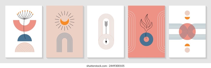 Set of zen arch posters with minimalist nordic boho elements. Modern graphic wall art decor with geometric linear, organic natural shapes, simple figures and moon in pastel colors. Bohemian covers.