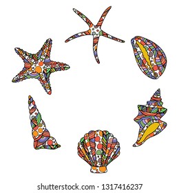 set of zen art style hand drawn sea stars and conch shells isolated on white background. stock vector illustration