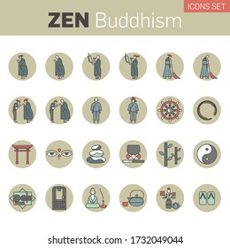 Set of zen buddhism icons. Activities of Zen Buddhist monks and nuns in the monastery. Main buddhistic symbols.