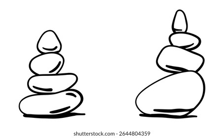 Set of zen stone cairns in doodle outline style. Hand drawn symbols of balance, harmony, yoga, and relaxation. Minimal boho stone pyramids. Vector clipart for posters or prints.