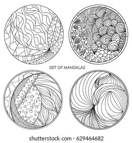 Set. Zendala. Zentangle. Hand drawn circle mandala with abstract patterns on isolation background. Design for spiritual relaxation for adults. Line art. Black and white illustration for coloring.