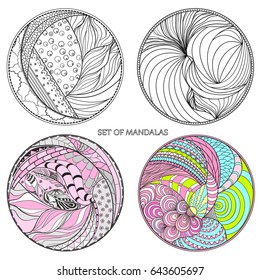 Set. Zendala. Zentangle. Hand drawn circle mandala with abstract patterns on isolation background. Design for spiritual relaxation for adults. Line art. Black and white illustration for coloring.