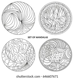 Set. Zendala. Zentangle. Hand drawn circle mandala with abstract patterns on isolation background. Design for spiritual relaxation for adults. Line art. Black and white illustration for coloring.